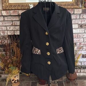 Vintage Women’s 80s Faux Leopard Fur Accent Gold Button Suit Blazer Sz 38